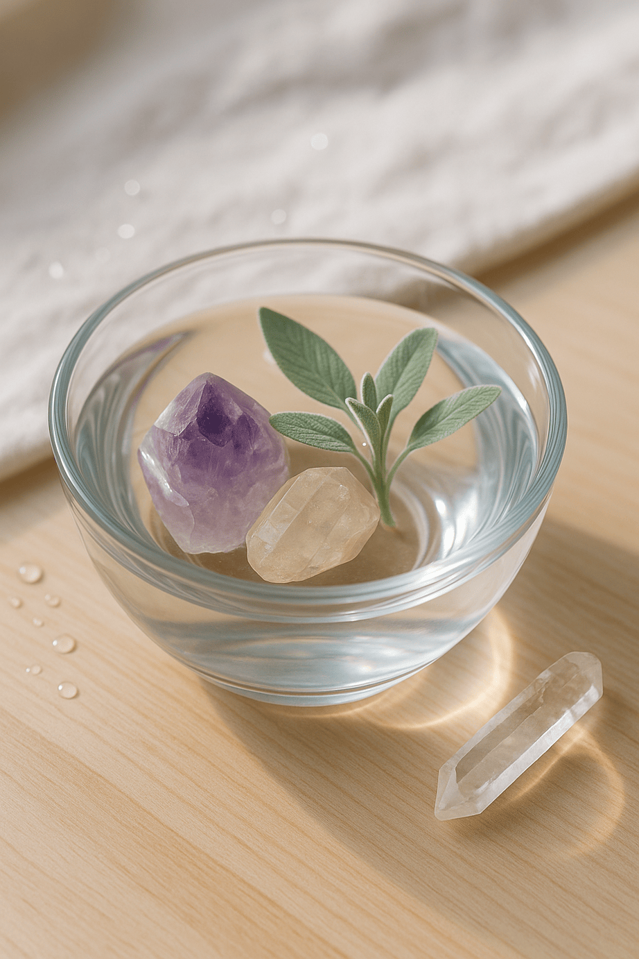 Bol cu apă de purificare, cristale de ametist și cuarț, și frunză de salvie pe fundal luminos