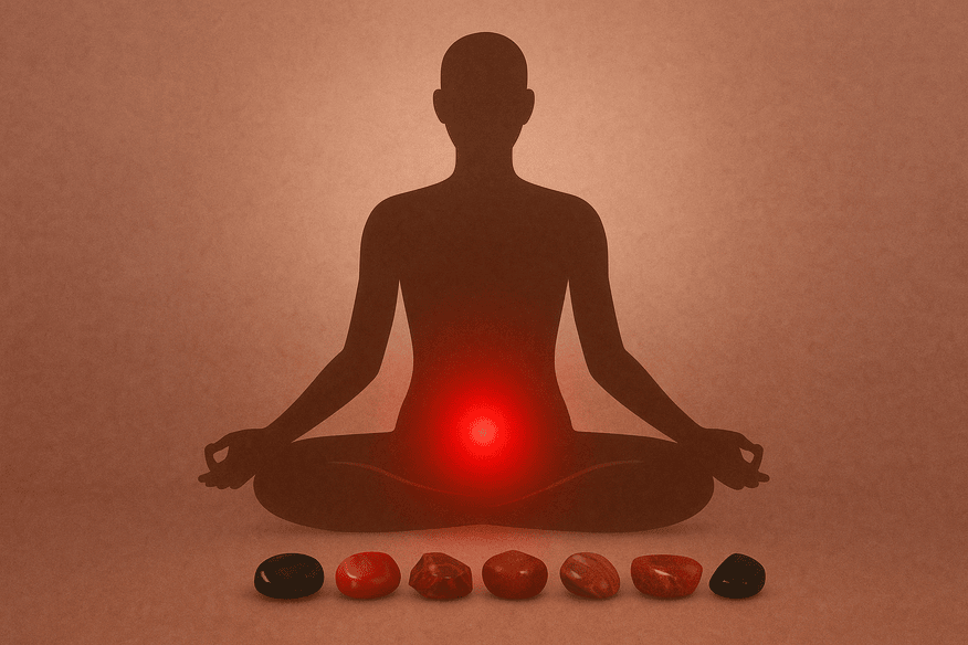 o silueta de om meditand avand chakra 1 de culoare rosie activa si cristale in jur