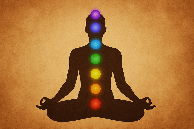 o silueta de om menditand in pozitia lotus avand cle 7 puncte energetice active