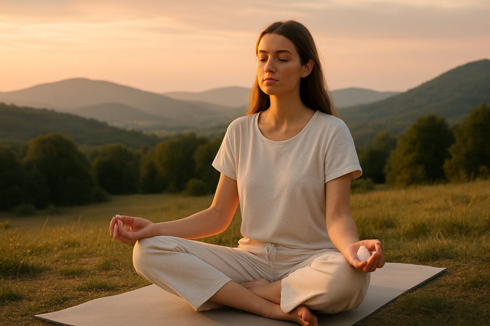 o fata tanara in natura meditand tinand in mana un cristal 