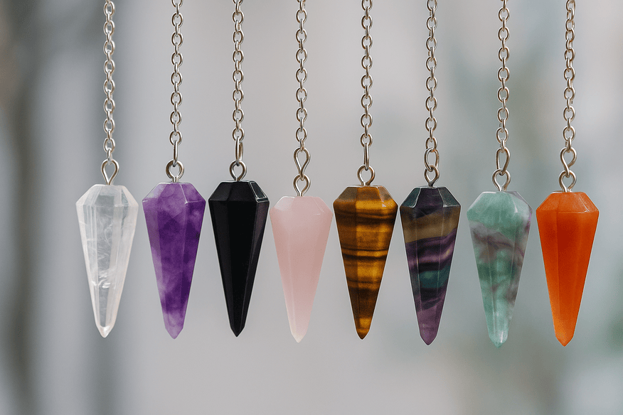 pendule din cristale de diferite tiprui si culori care penduleaza