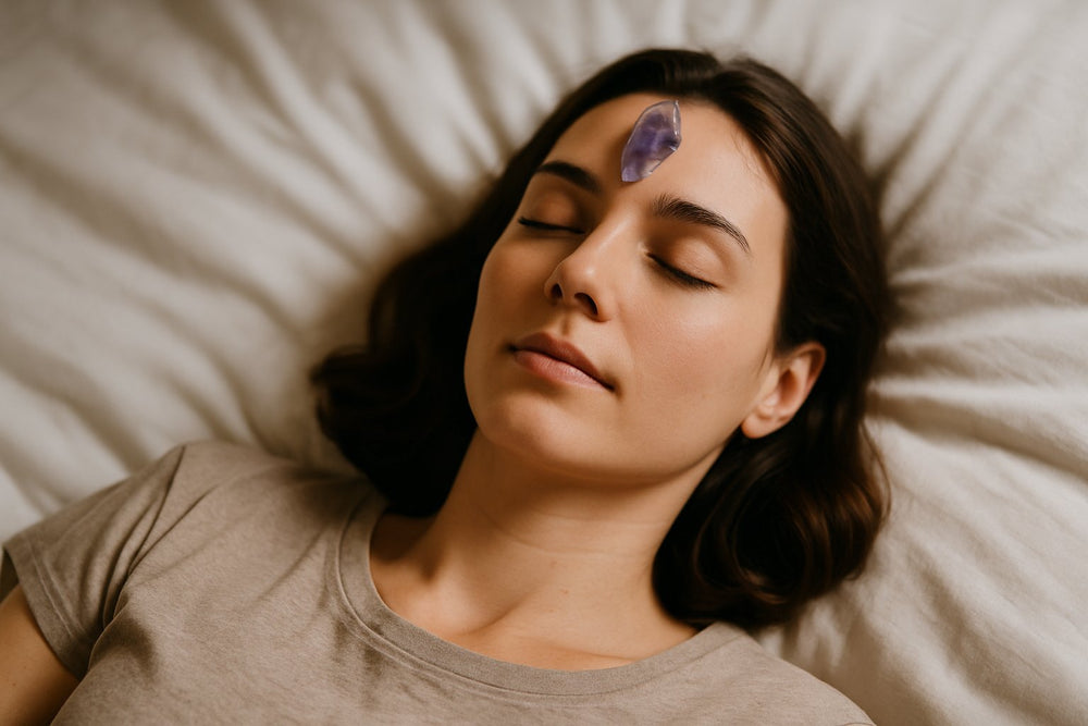 O FATA MEDITAND CU O PIATRA DE AMETIST PE FRUNTE CU OCHII INCHISI AVAND UN TRICOU GRI SI PARUL NEGRU