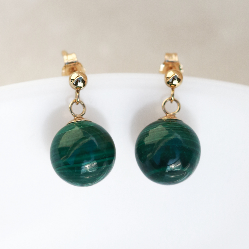 Cercei malachit, aur filat - Whisper of Transformation, pietre semipretioase - druzy.ro 1 