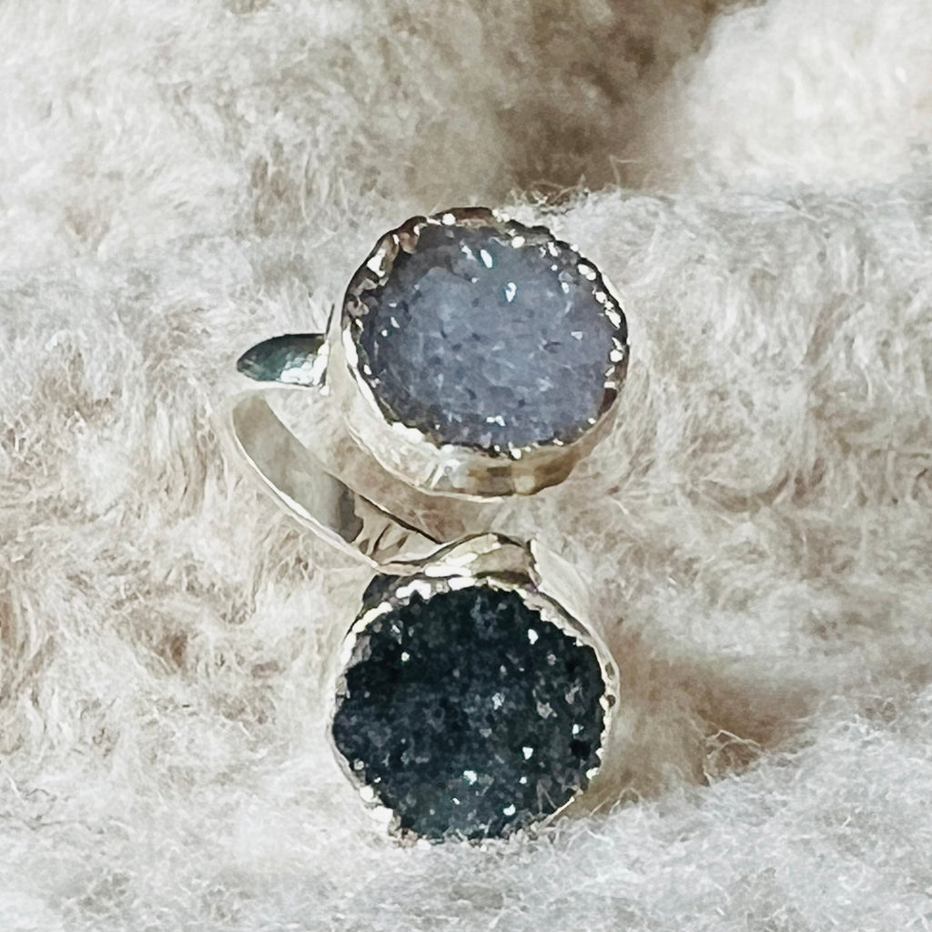 Inel reglabil agat druzy Circles placat cu argint din Brazilia model 1, druzy.ro, cristale 1