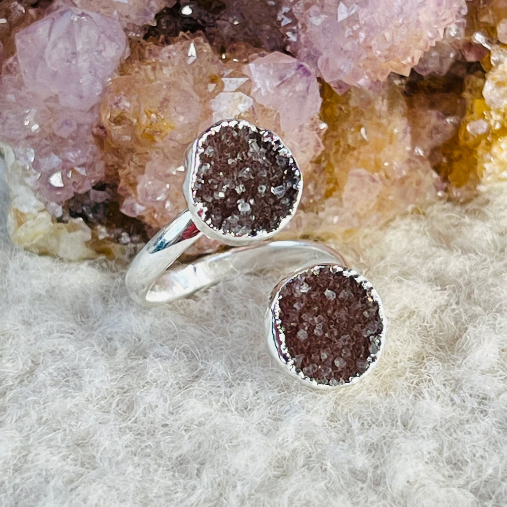 Inel reglabil agat druzy Circles placat cu argint din Brazilia model 3, druzy.ro, cristale 1
