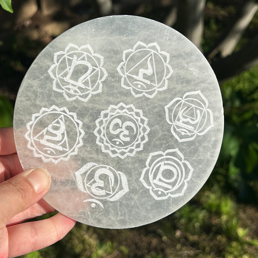 Disc Selenit Chakra 8, 10, 14 cm, grila grid cristale, pietre semipretioase - druzy.ro 1 