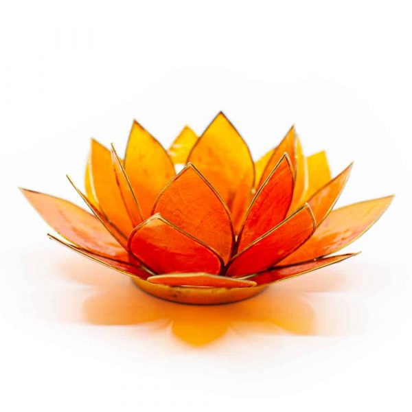 Suport lumanare portocaliu floare lotus din Philippine cu cochilii Capiz, druzy.ro 1