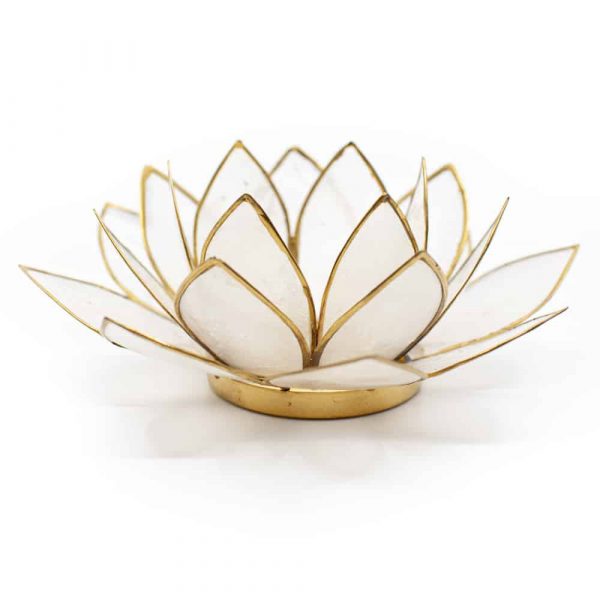Suport lumanare alb natural floare lotus din Philippine cu cochilii Capiz, druzy.ro 4
