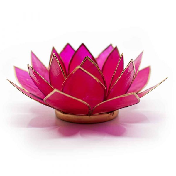 Suport lumanare fuchsia floare lotus din Philippine cu cochilii Capiz, druzy.ro 1