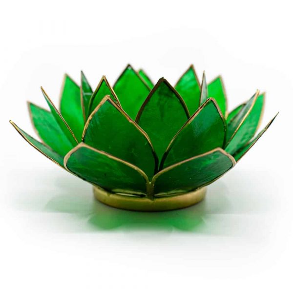 Suport lumanare verde floare lotus din Philippine cu cochilii Capiz, druzy.ro, cristale 1