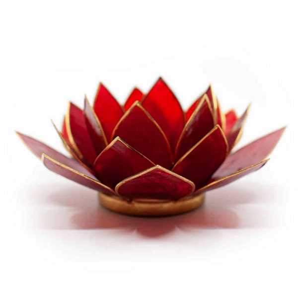 Suport lumanare rosu floare lotus din Philippine cu cochilii Capiz, druzy.ro 1