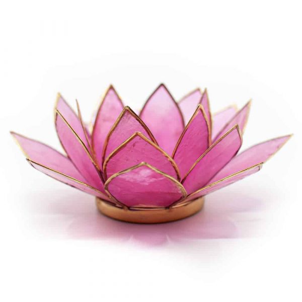 Suport lumanare roz floare lotus din Philippine cu cochilii Capiz, druzy.ro 1