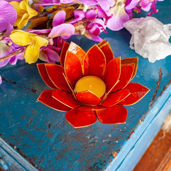 Suport lumanare portocaliu floare lotus din Philippine cu cochilii Capiz, druzy.ro 2