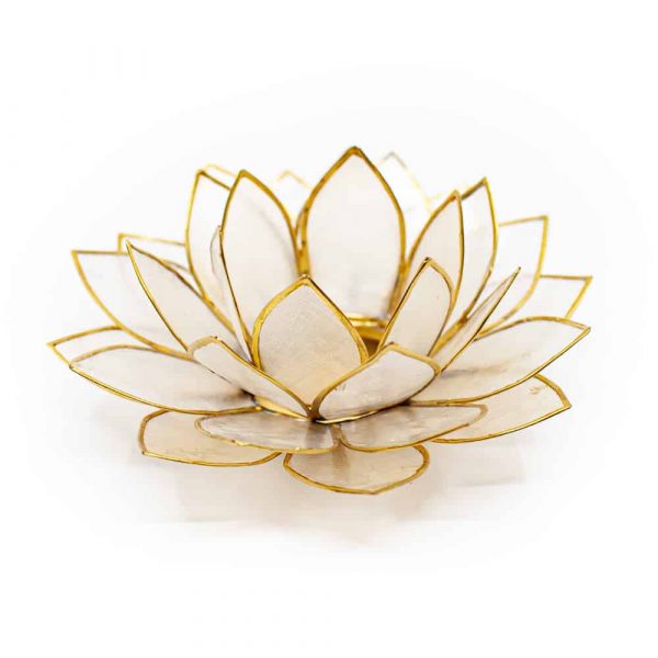 Suport lumanare alb natural floare lotus din Philippine cu cochilii Capiz, druzy.ro 1