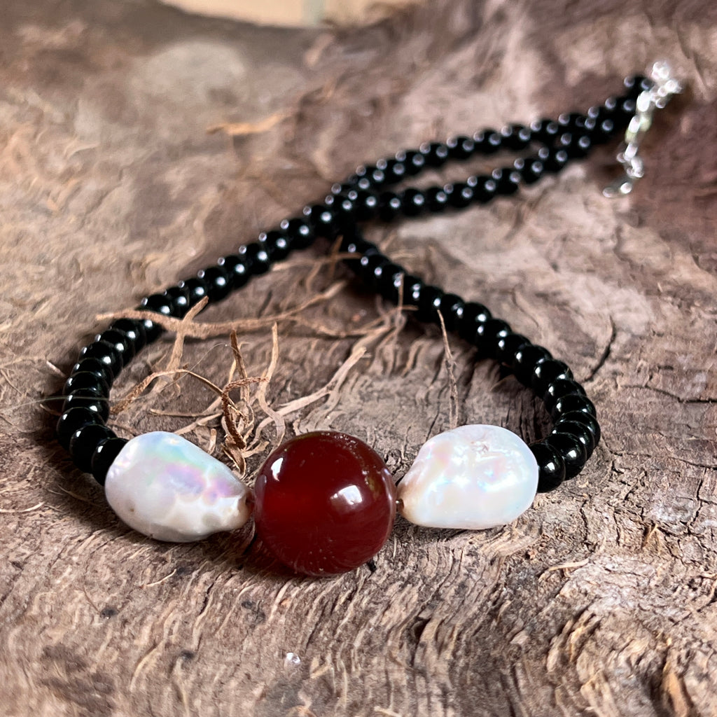 Colier obsidian, carneol si perle Rooted Glow#13, pietre semipretioase - druzy.ro 1 