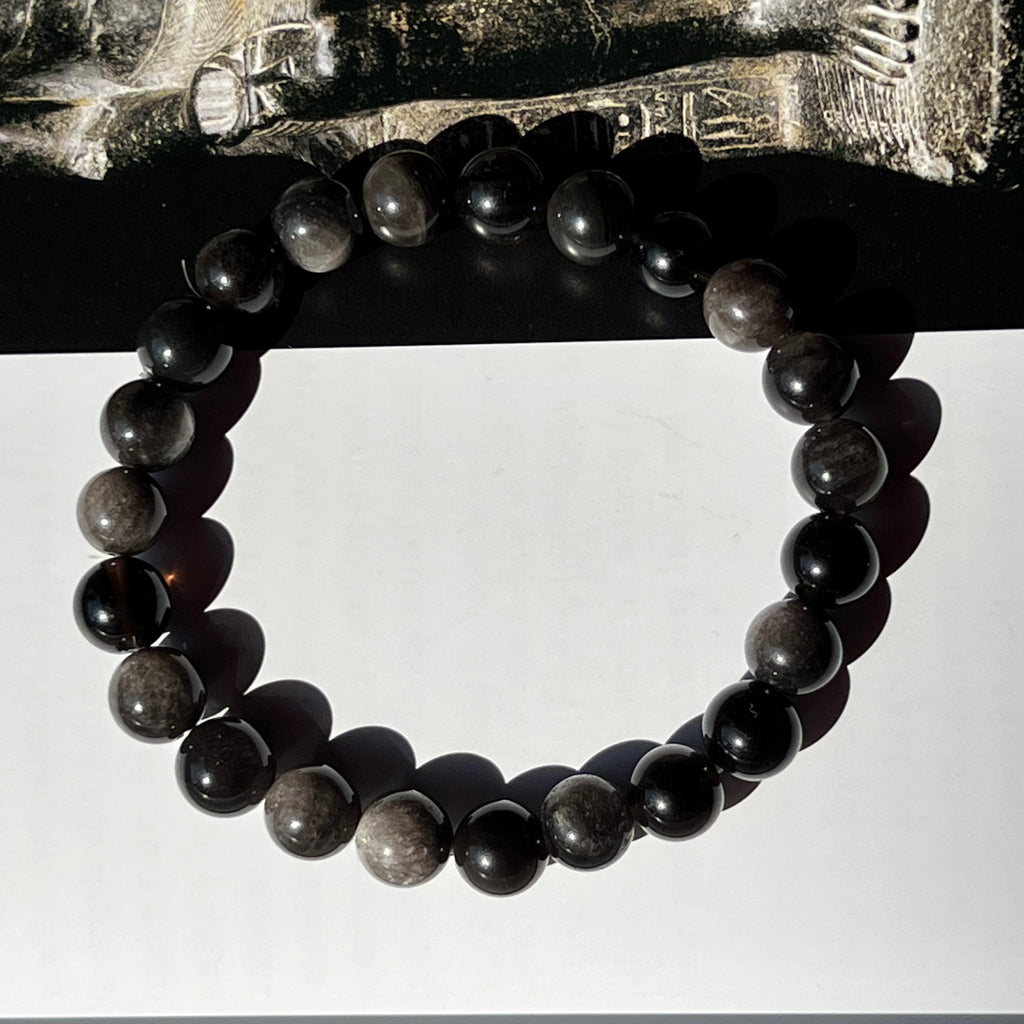 Bratara obsidian argintiu curcubeu 8 mm, pietre semipretioase, DRUZY.RO 2