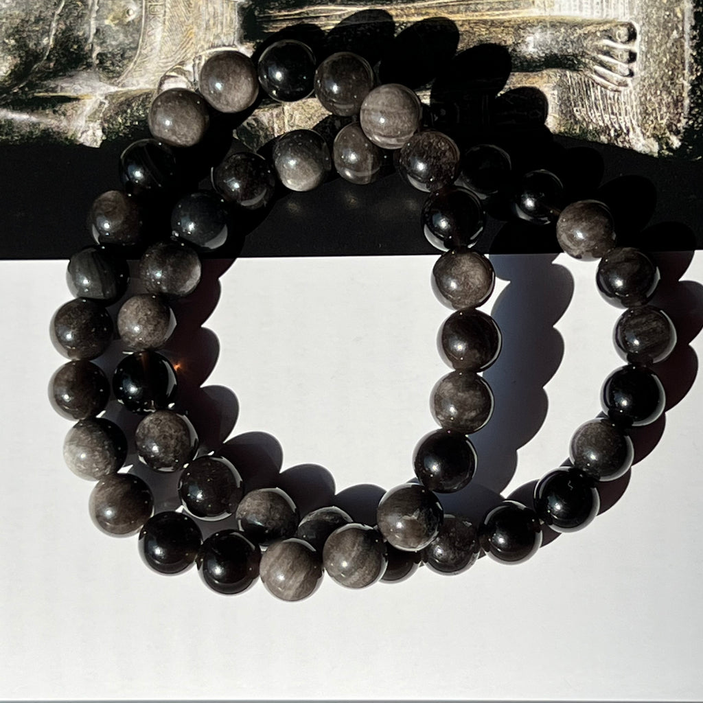 Bratara obsidian argintiu curcubeu 8 mm, pietre semipretioase, DRUZY.RO 1