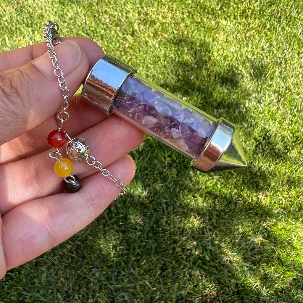 Pendul metal argintiu ametist chipsuri, druzy.ro, cristale 6