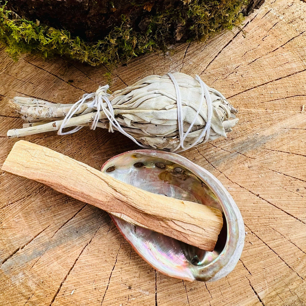 Set Fumigatie din Scoica Abalon 6-7cm + Salvie Alba + Lemn Palo Santo, druzy.ro, cristale 2